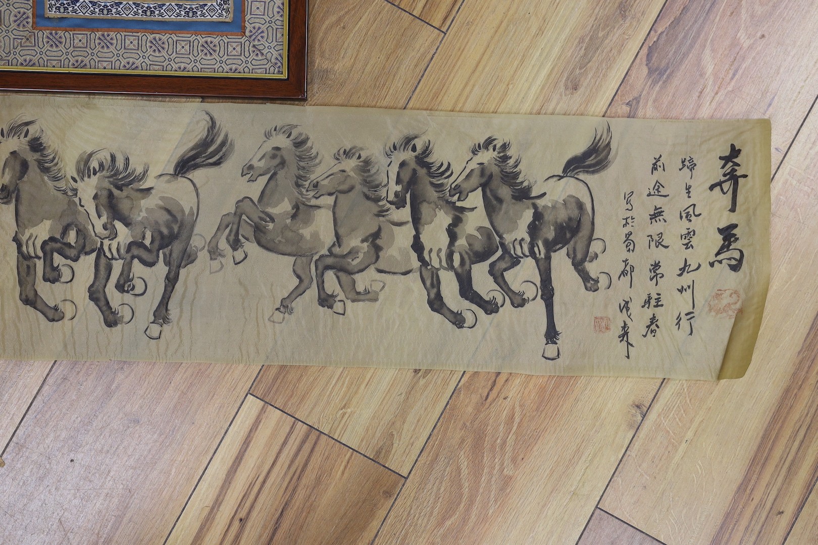 A Chinese painted handscroll and an embroidered silk panel